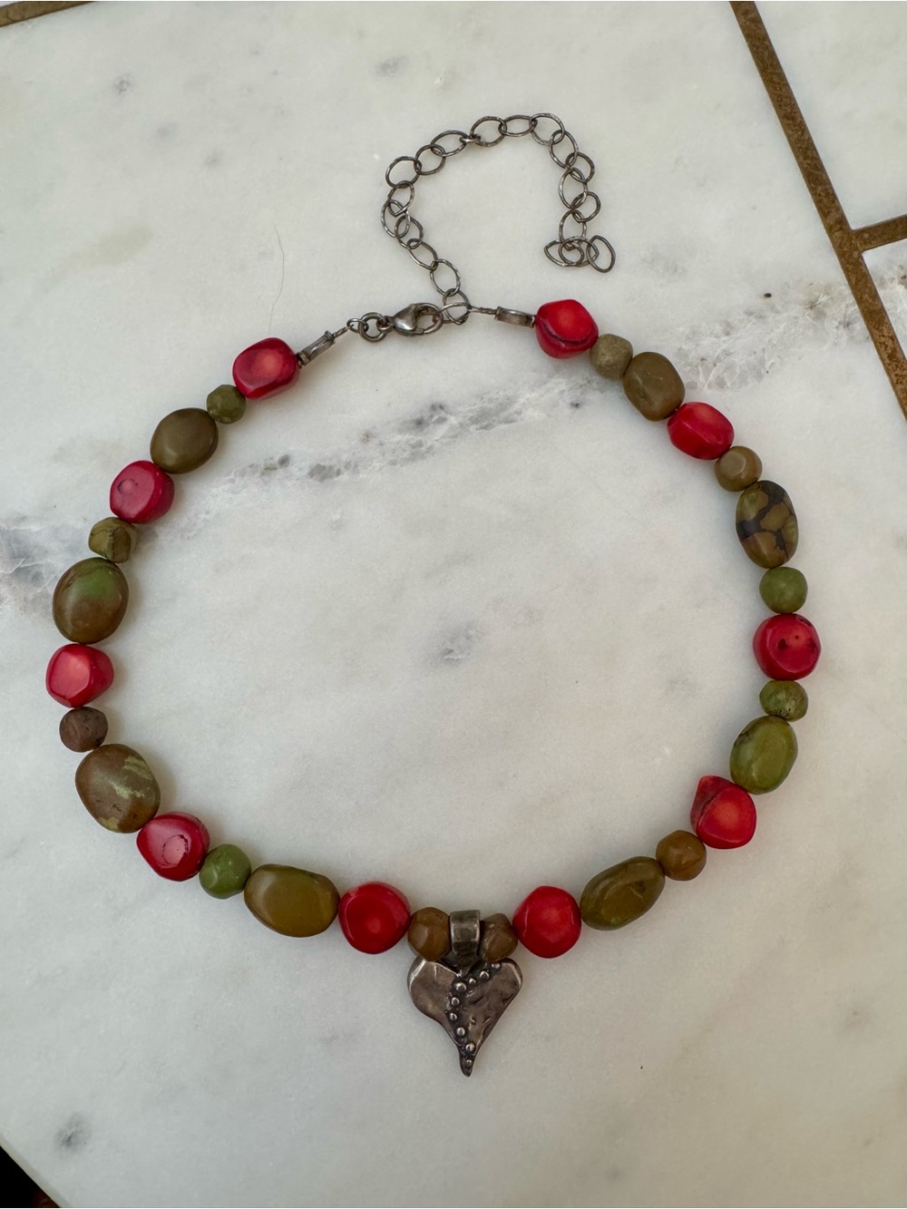 Red and Olive Bead Necklace with Heart Pendant